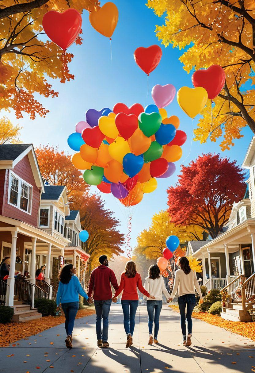 A warm and inviting scene depicting a diverse group of people engaging in community activities, sharing smiles and laughter, with heart-shaped balloons floating above. In the background, colorful banners promote love and connection, with trees adorned in vibrant autumn leaves, and children playing joyfully. The atmosphere is filled with positive energy and unity. super-realistic. vibrant colors. warm lighting.
