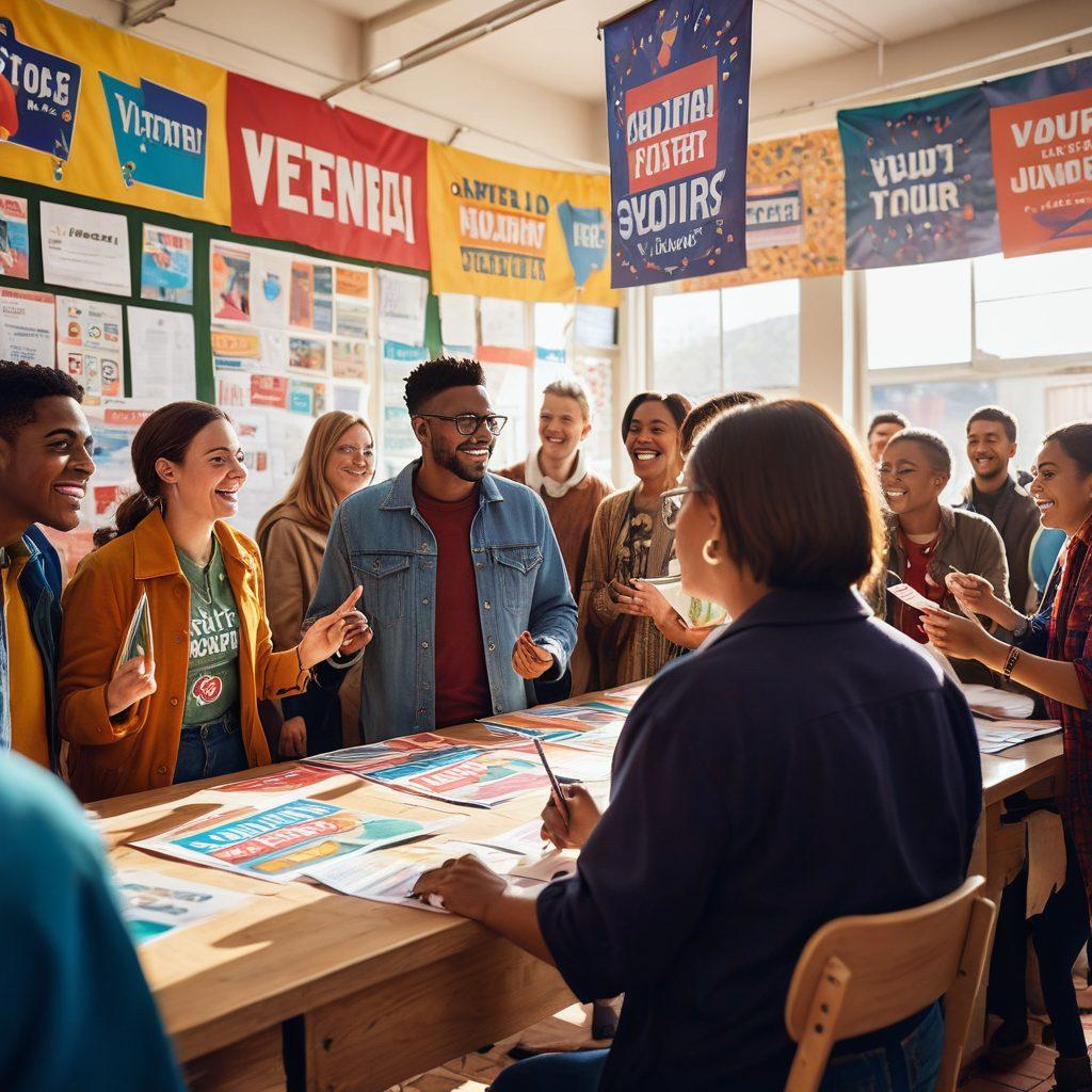 A dynamic scene showcasing a diverse group of enthusiastic voters engaging in a lively discussion at a polling station, with colorful campaign posters and banners in the background. The atmosphere is filled with passion, excitement, and community spirit, as people of different ages and backgrounds come together, holding ballots and wearing 'I Voted' stickers. Sunlight streams in, illuminating their faces with determination and hope. super-realistic. vibrant colors. 3D.