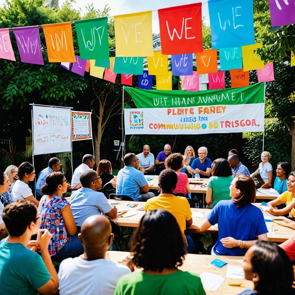 A vibrant community gathering showcasing diverse individuals engaged in a hands-on workshop, surrounded by colorful banners and collaborative projects. Show elements symbolizing choices, like a community voting board and shared resources, with smiles and enthusiasm on their faces. Incorporate a background of lush greenery and an open space that suggests togetherness. super-realistic. vibrant colors. community art style.